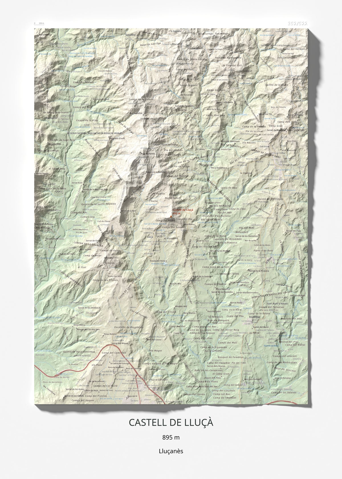 Mapa de relieve de Castell de Lluçà, 895 m, Lluçanès, lámina 100 Cims de Trobart 50 × 70 cm.