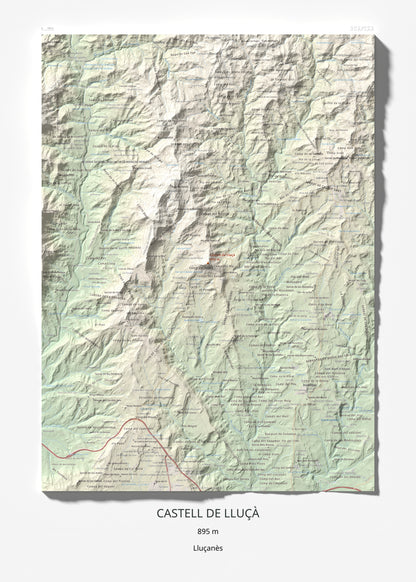 Mapa de relieve de Castell de Lluçà, 895 m, Lluçanès, lámina 100 Cims de Trobart 50 × 70 cm.