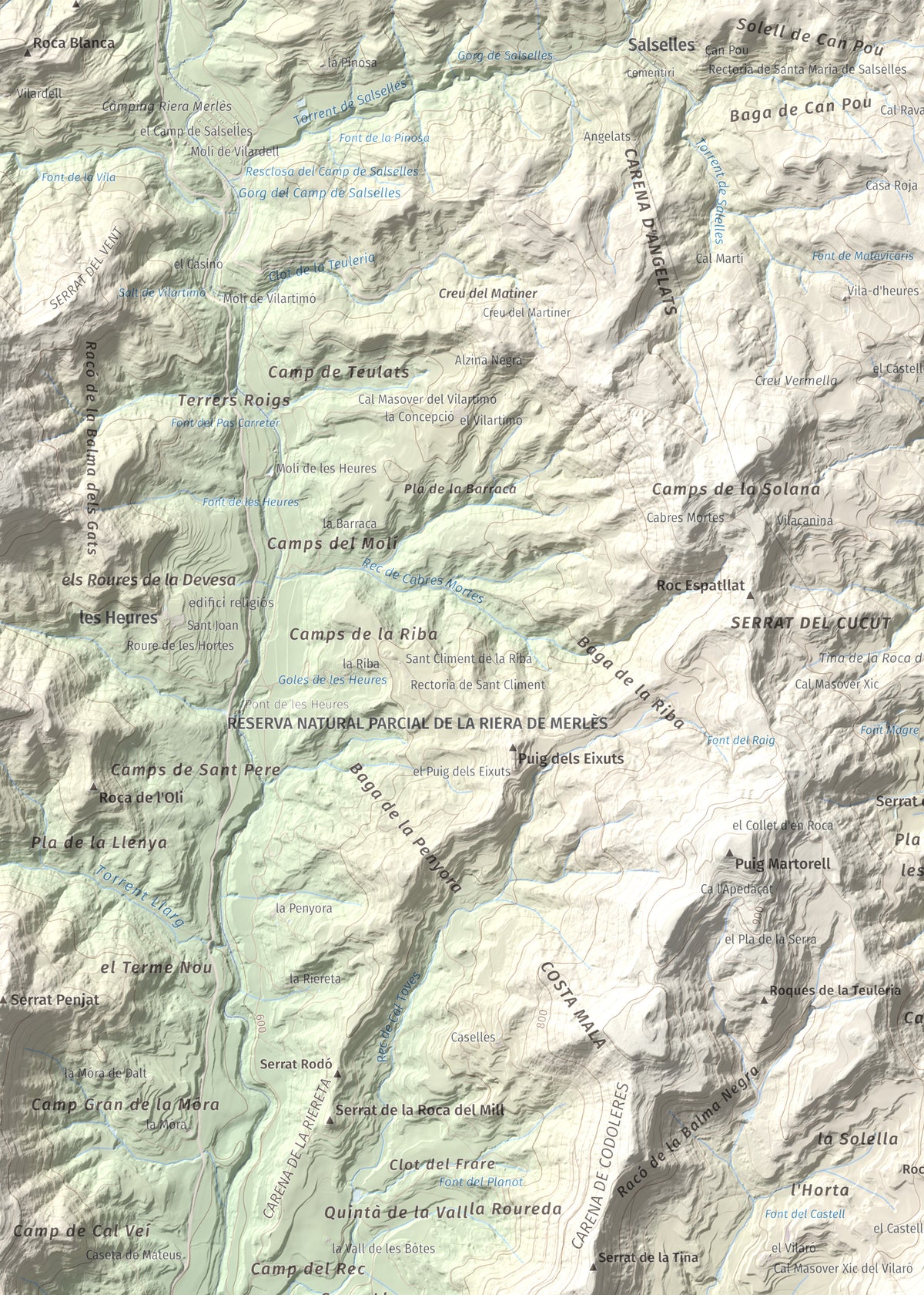 Mapa de relieve de Castell de Lluçà, 895 m, Lluçanès, lámina 100 Cims de Trobart. Detalle de la zona superior izquierda. 50 × 70 cm.