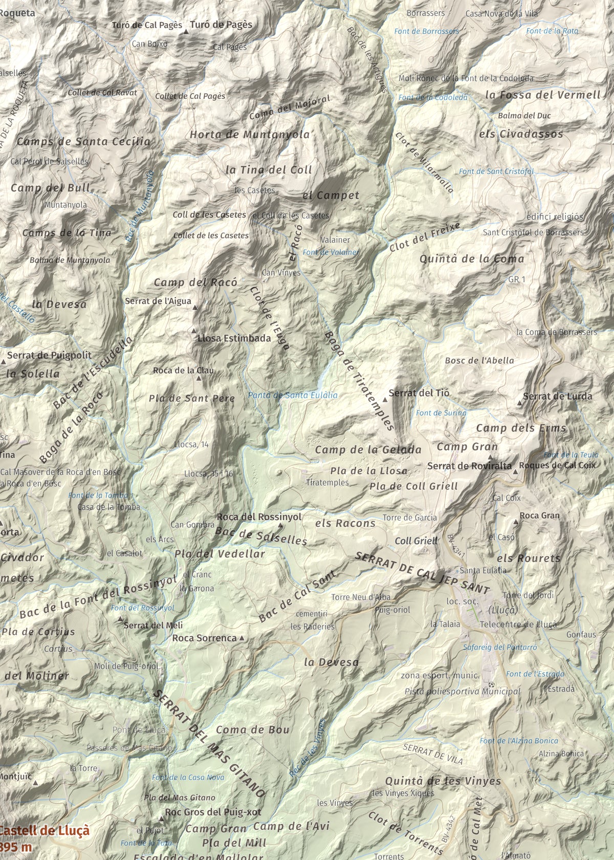 Mapa de relieve de Castell de Lluçà, 895 m, Lluçanès, lámina 100 Cims de Trobart. Detalle de la zona superior derecha. 50 × 70 cm.