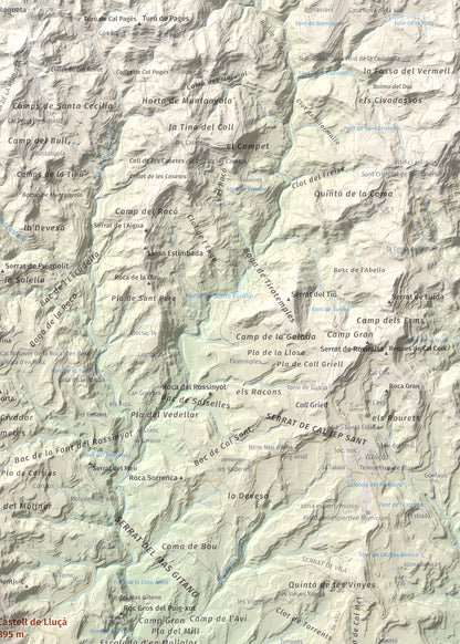 Mapa de relieve de Castell de Lluçà, 895 m, Lluçanès, lámina 100 Cims de Trobart. Detalle de la zona superior derecha. 50 × 70 cm.