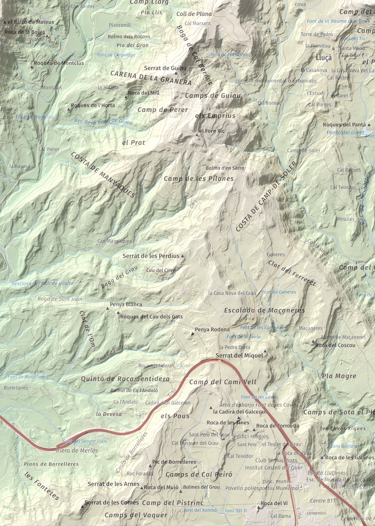 Mapa de relieve de Castell de Lluçà, 895 m, Lluçanès, lámina 100 Cims de Trobart. Detalle de la zona inferior izquierda. 50 × 70 cm.