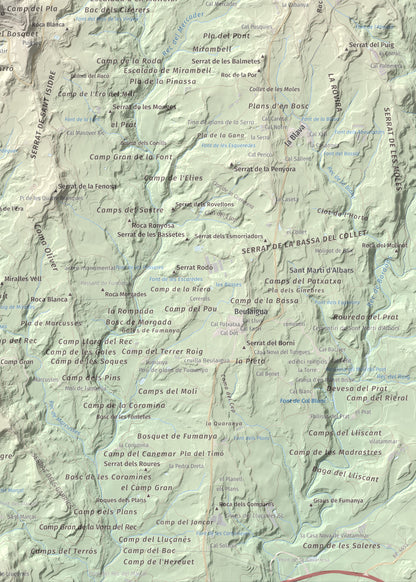 Mapa de relieve de Castell de Lluçà, 895 m, Lluçanès, lámina 100 Cims de Trobart. Detalle de la zona inferior derecha. 50 × 70 cm.