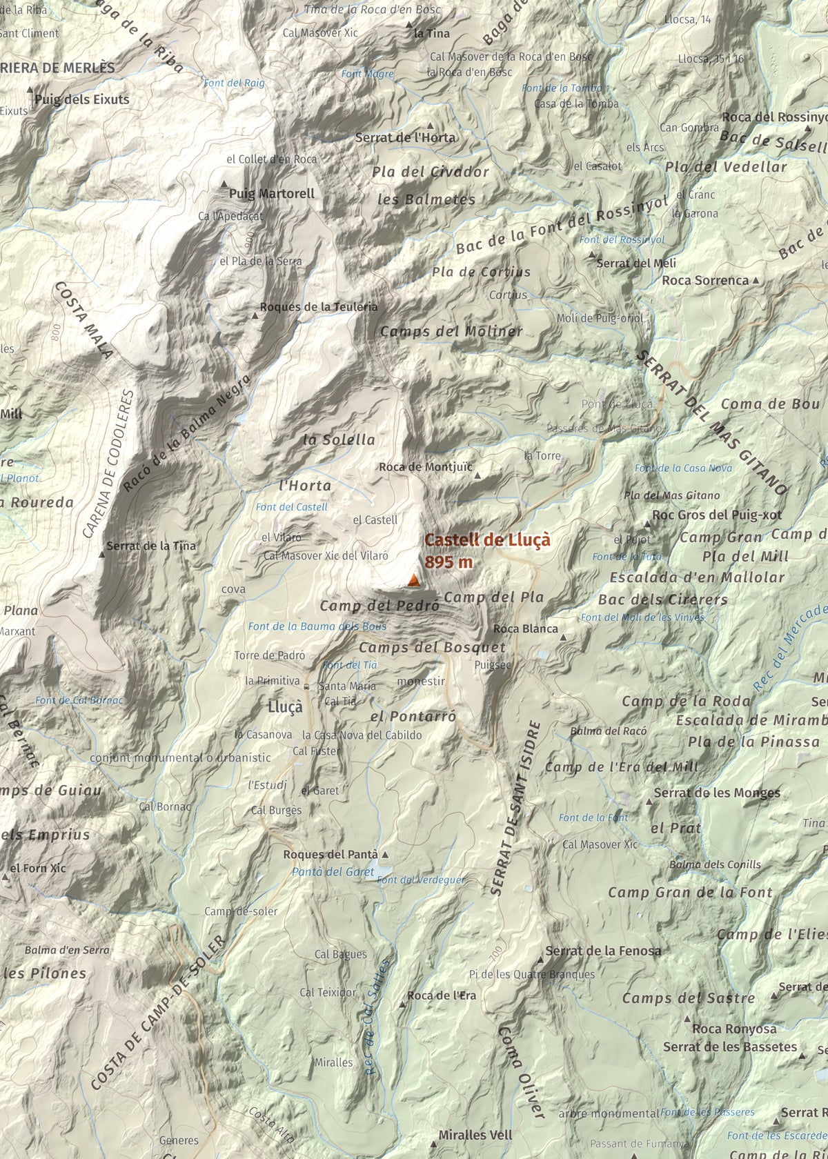 Mapa de relieve de Castell de Lluçà, 895 m, Lluçanès, lámina 100 Cims de Trobart. Detalle de la zona central. 50 × 70 cm.