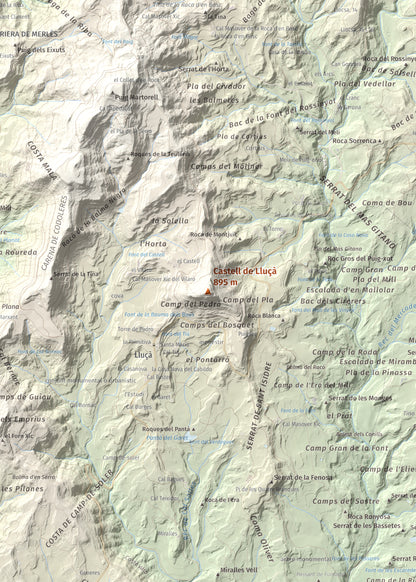 Mapa de relieve de Castell de Lluçà, 895 m, Lluçanès, lámina 100 Cims de Trobart. Detalle de la zona central. 50 × 70 cm.