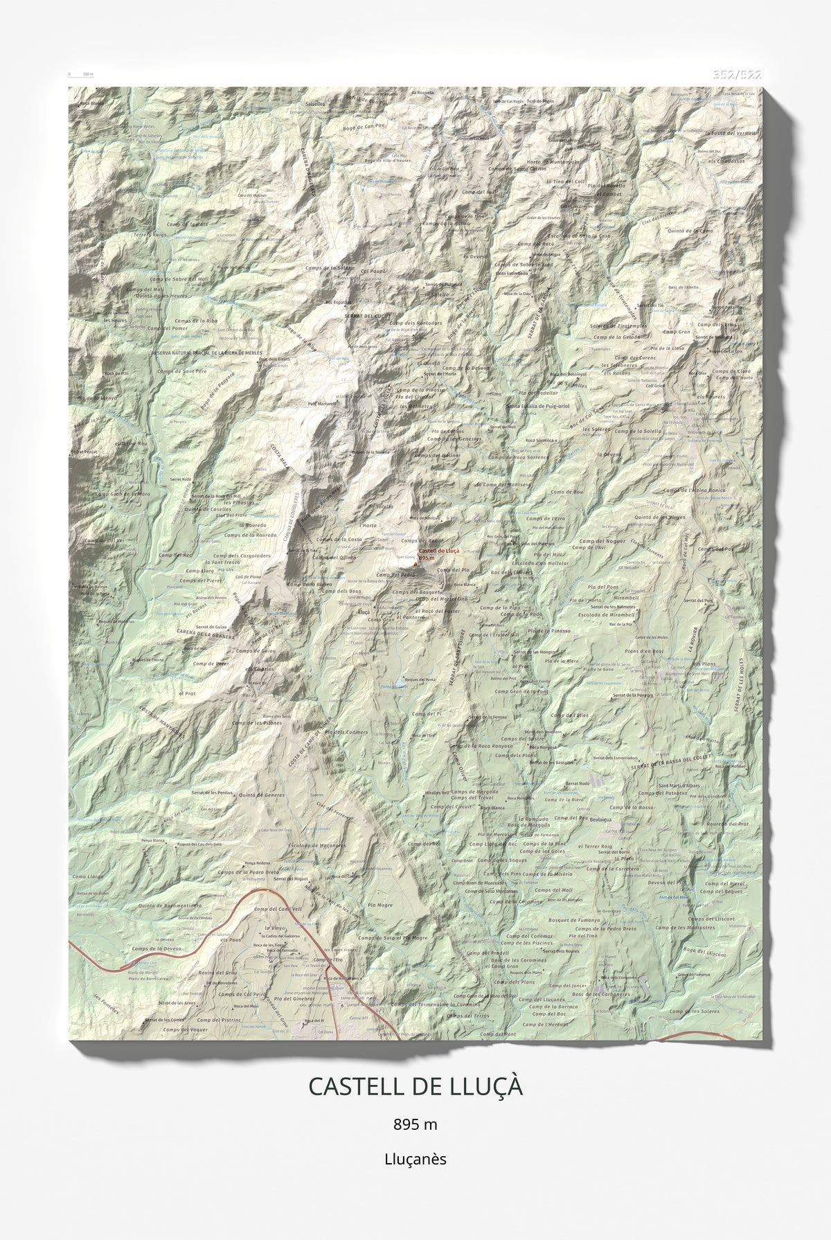 Mapa de relieve de Castell de Lluçà, 895 m, Lluçanès, lámina 100 Cims de Trobart 61 × 91 cm.