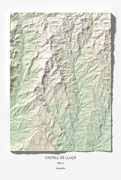 Mapa de relieve de Castell de Lluçà, 895 m, Lluçanès, lámina 100 Cims de Trobart 61 × 91 cm.