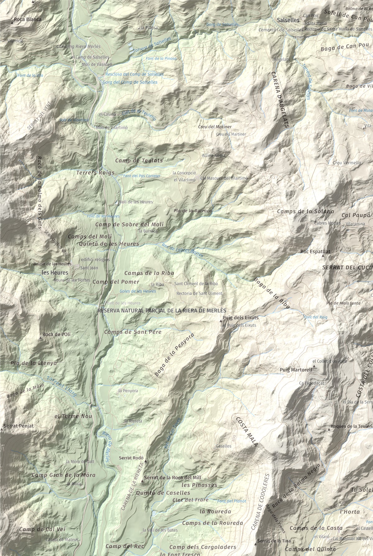 Mapa de relieve de Castell de Lluçà, 895 m, Lluçanès, lámina 100 Cims de Trobart. Detalle de la zona superior izquierda. 61 × 91 cm.