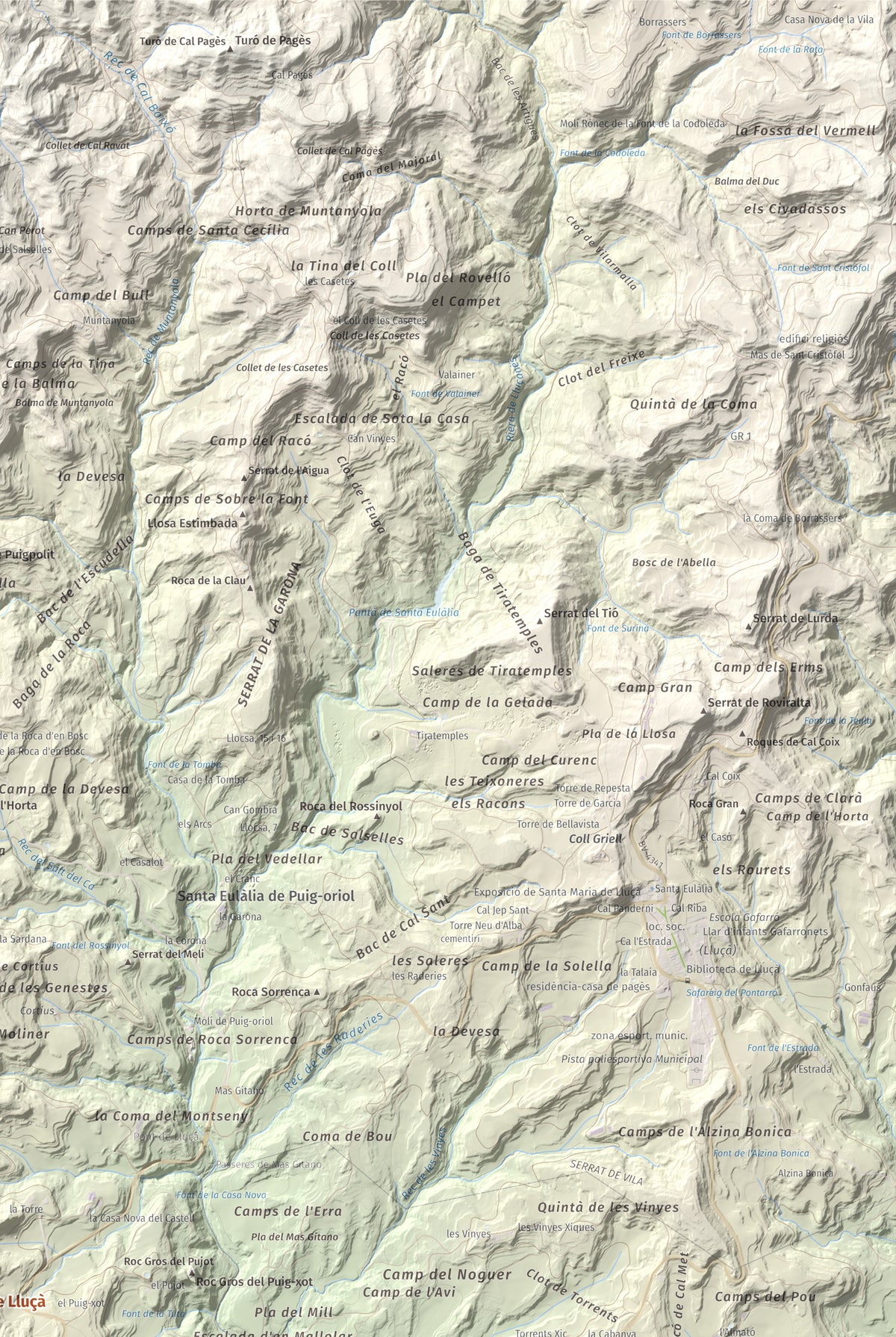 Mapa de relieve de Castell de Lluçà, 895 m, Lluçanès, lámina 100 Cims de Trobart. Detalle de la zona superior derecha. 61 × 91 cm.