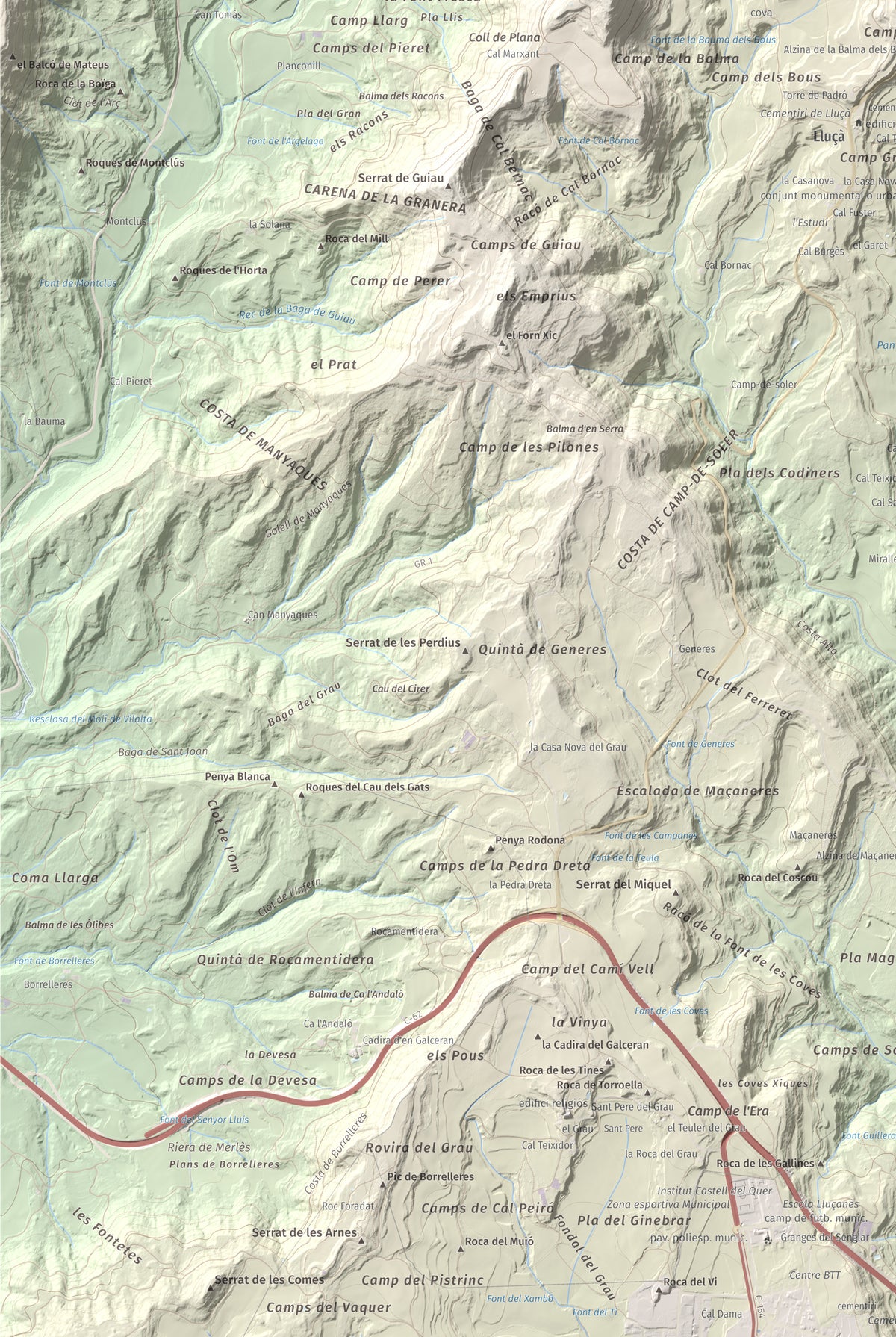 Mapa de relieve de Castell de Lluçà, 895 m, Lluçanès, lámina 100 Cims de Trobart. Detalle de la zona inferior izquierda. 61 × 91 cm.