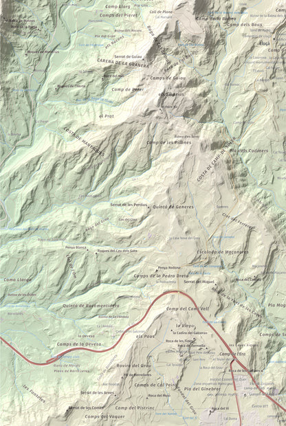 Mapa de relieve de Castell de Lluçà, 895 m, Lluçanès, lámina 100 Cims de Trobart. Detalle de la zona inferior izquierda. 61 × 91 cm.