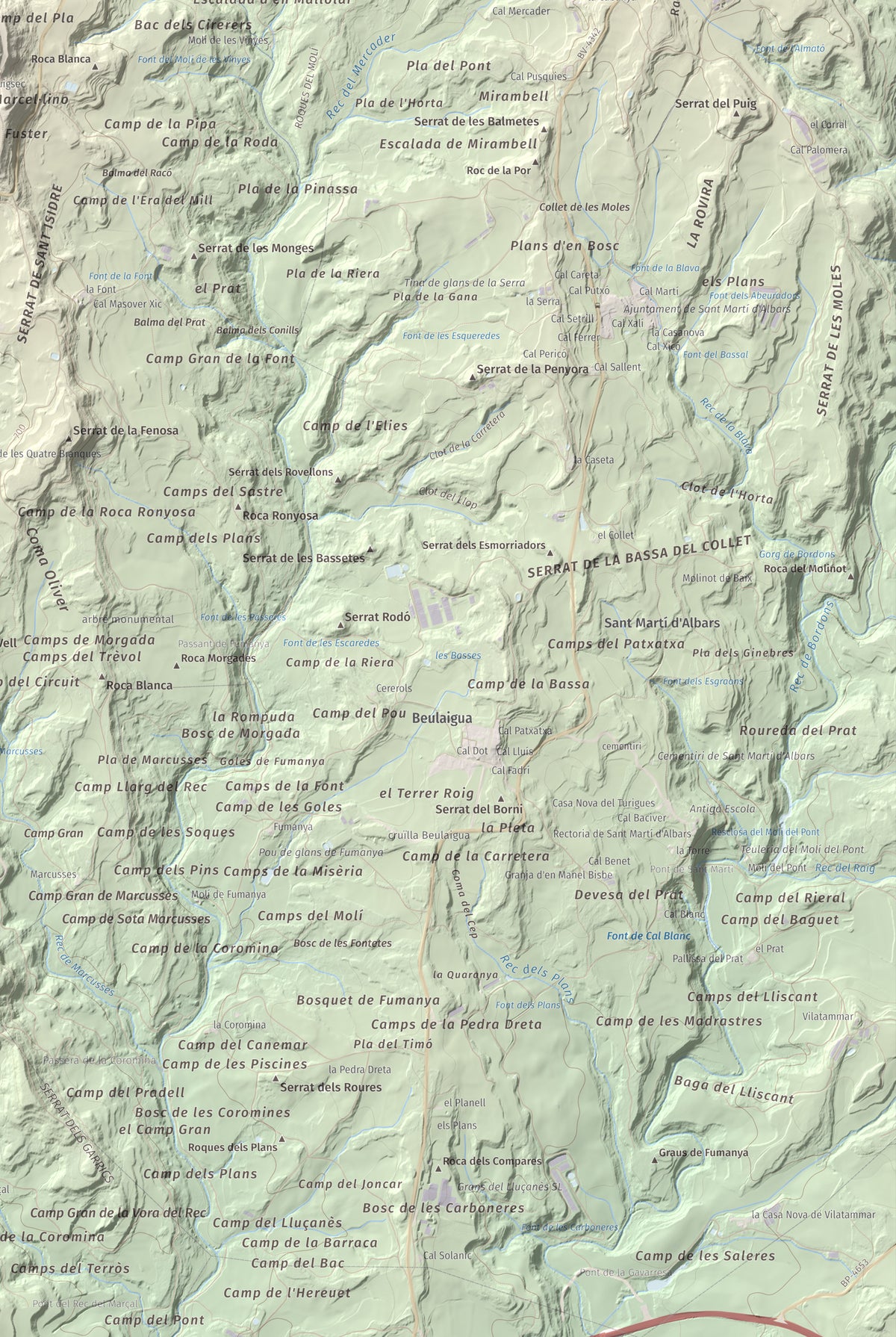 Mapa de relieve de Castell de Lluçà, 895 m, Lluçanès, lámina 100 Cims de Trobart. Detalle de la zona inferior derecha. 61 × 91 cm.