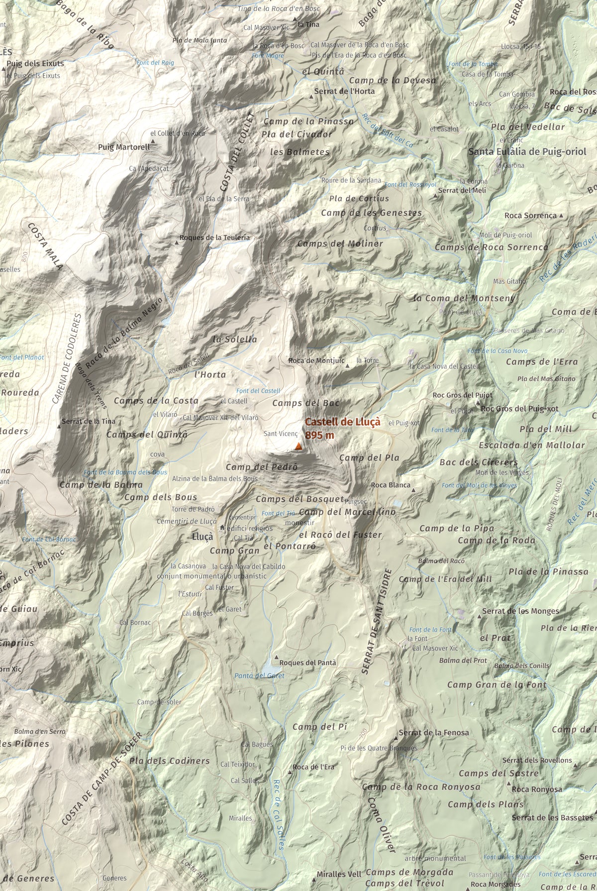 Mapa de relieve de Castell de Lluçà, 895 m, Lluçanès, lámina 100 Cims de Trobart. Detalle de la zona central. 61 × 91 cm.