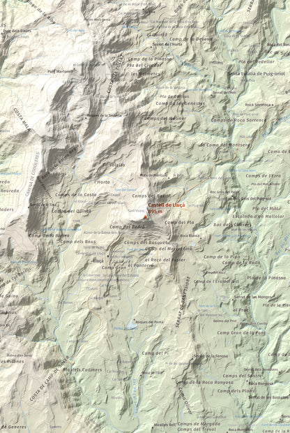 Mapa de relieve de Castell de Lluçà, 895 m, Lluçanès, lámina 100 Cims de Trobart. Detalle de la zona central. 61 × 91 cm.