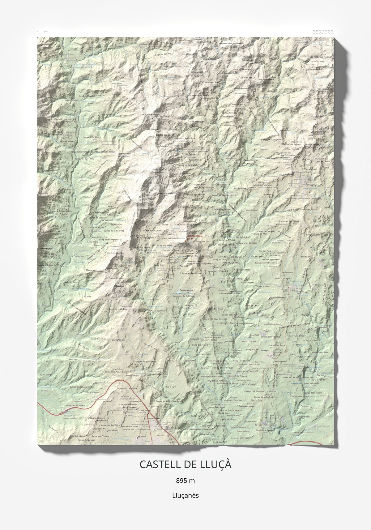 Mapa de relieve de Castell de Lluçà, 895 m, Lluçanès, lámina 100 Cims de Trobart 70 × 100 cm.
