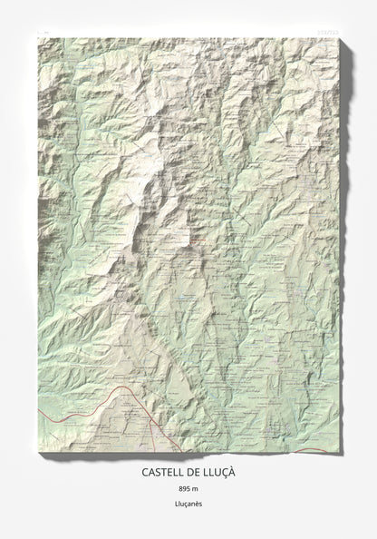 Mapa de relieve de Castell de Lluçà, 895 m, Lluçanès, lámina 100 Cims de Trobart 70 × 100 cm.