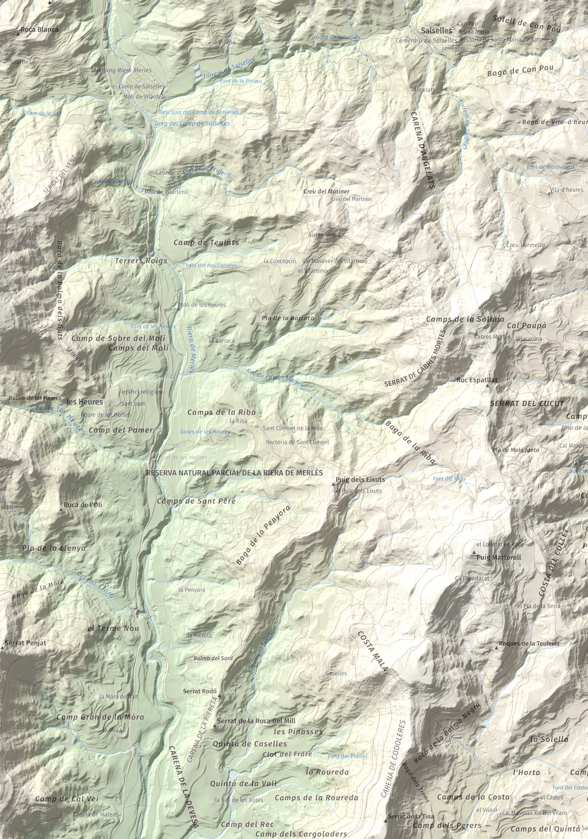 Mapa de relieve de Castell de Lluçà, 895 m, Lluçanès, lámina 100 Cims de Trobart. Detalle de la zona superior izquierda. 70 × 100 cm.