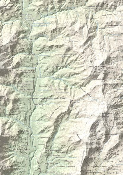 Mapa de relieve de Castell de Lluçà, 895 m, Lluçanès, lámina 100 Cims de Trobart. Detalle de la zona superior izquierda. 70 × 100 cm.