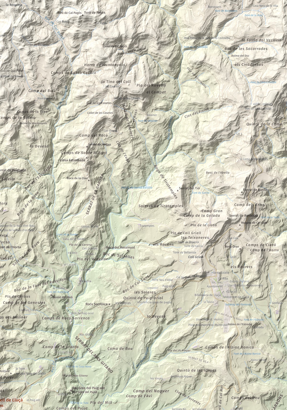 Mapa de relieve de Castell de Lluçà, 895 m, Lluçanès, lámina 100 Cims de Trobart. Detalle de la zona superior derecha. 70 × 100 cm.