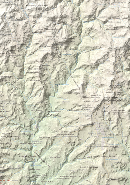Mapa de relieve de Castell de Lluçà, 895 m, Lluçanès, lámina 100 Cims de Trobart. Detalle de la zona superior derecha. 70 × 100 cm.