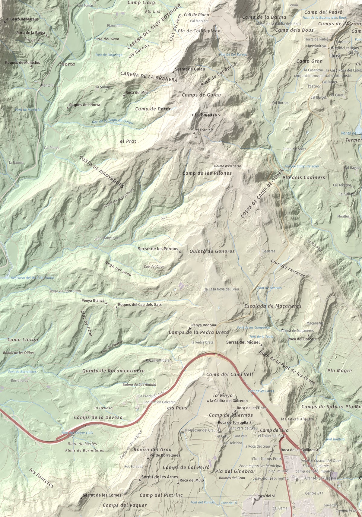 Mapa de relieve de Castell de Lluçà, 895 m, Lluçanès, lámina 100 Cims de Trobart. Detalle de la zona inferior izquierda. 70 × 100 cm.