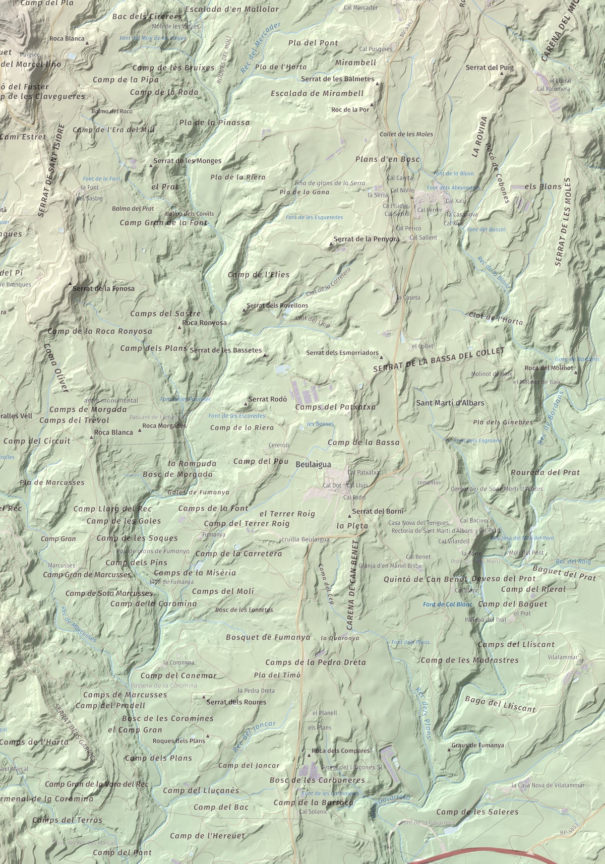 Mapa de relieve de Castell de Lluçà, 895 m, Lluçanès, lámina 100 Cims de Trobart. Detalle de la zona inferior derecha. 70 × 100 cm.
