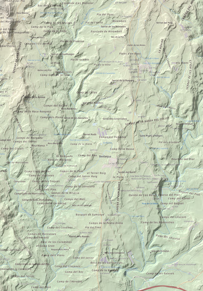 Mapa de relieve de Castell de Lluçà, 895 m, Lluçanès, lámina 100 Cims de Trobart. Detalle de la zona inferior derecha. 70 × 100 cm.