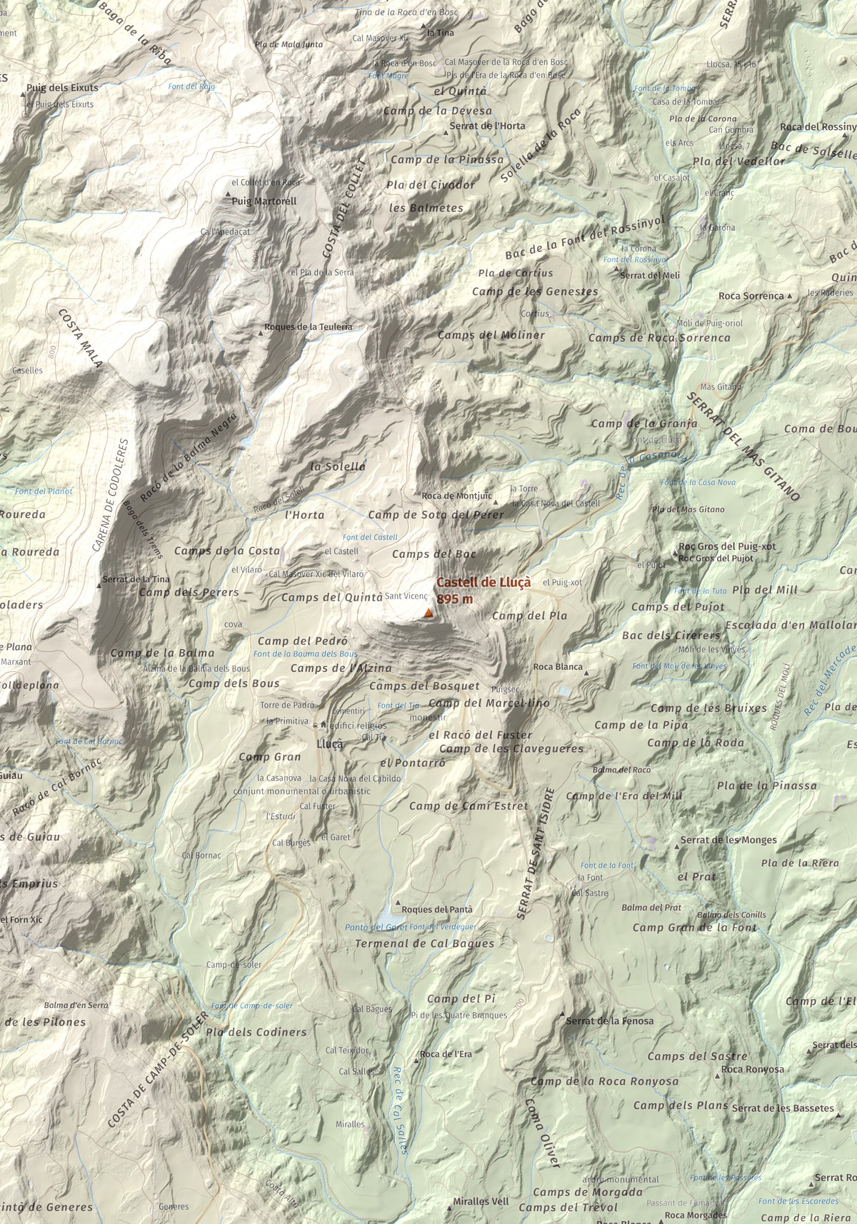 Mapa de relieve de Castell de Lluçà, 895 m, Lluçanès, lámina 100 Cims de Trobart. Detalle de la zona central. 70 × 100 cm.