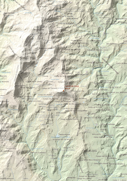 Mapa de relieve de Castell de Lluçà, 895 m, Lluçanès, lámina 100 Cims de Trobart. Detalle de la zona central. 70 × 100 cm.