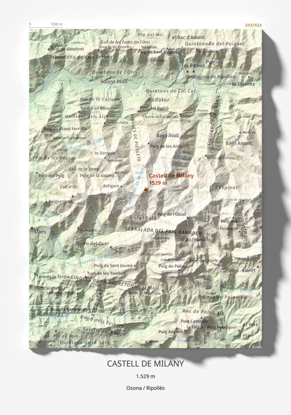 Mapa de relieve de Castell de Milany, 1529 m, Osona · Ripollès, lámina 100 Cims de Trobart 21 × 30 cm.