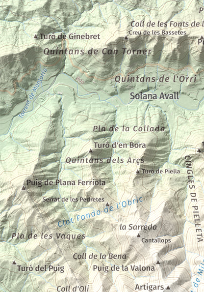 Mapa de relieve de Castell de Milany, 1529 m, Osona · Ripollès, lámina 100 Cims de Trobart. Detalle de la zona superior izquierda. 21 × 30 cm.