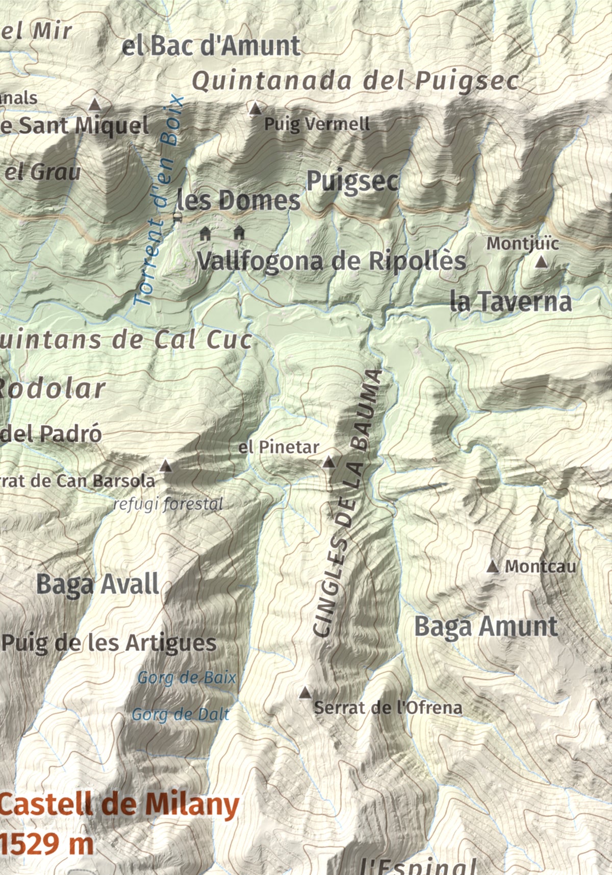 Mapa de relieve de Castell de Milany, 1529 m, Osona · Ripollès, lámina 100 Cims de Trobart. Detalle de la zona superior derecha. 21 × 30 cm.