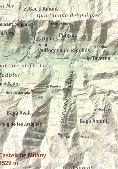 Mapa de relieve de Castell de Milany, 1529 m, Osona · Ripollès, lámina 100 Cims de Trobart. Detalle de la zona superior derecha. 21 × 30 cm.