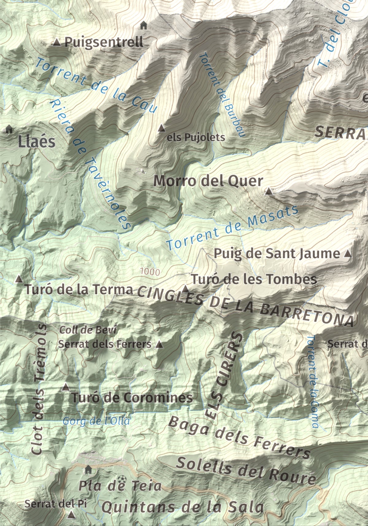 Mapa de relieve de Castell de Milany, 1529 m, Osona · Ripollès, lámina 100 Cims de Trobart. Detalle de la zona inferior izquierda. 21 × 30 cm.