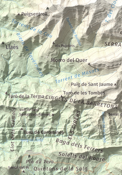 Mapa de relieve de Castell de Milany, 1529 m, Osona · Ripollès, lámina 100 Cims de Trobart. Detalle de la zona inferior izquierda. 21 × 30 cm.