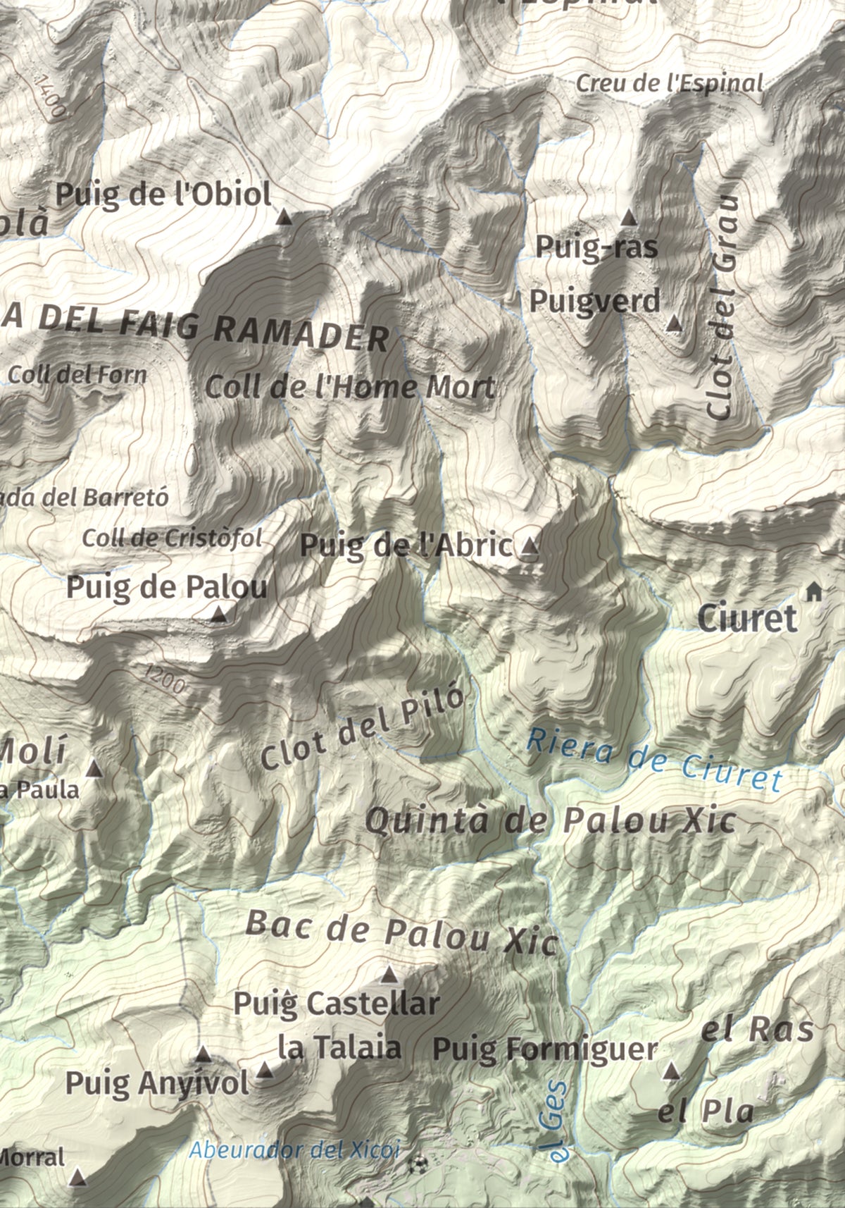 Mapa de relieve de Castell de Milany, 1529 m, Osona · Ripollès, lámina 100 Cims de Trobart. Detalle de la zona inferior derecha. 21 × 30 cm.