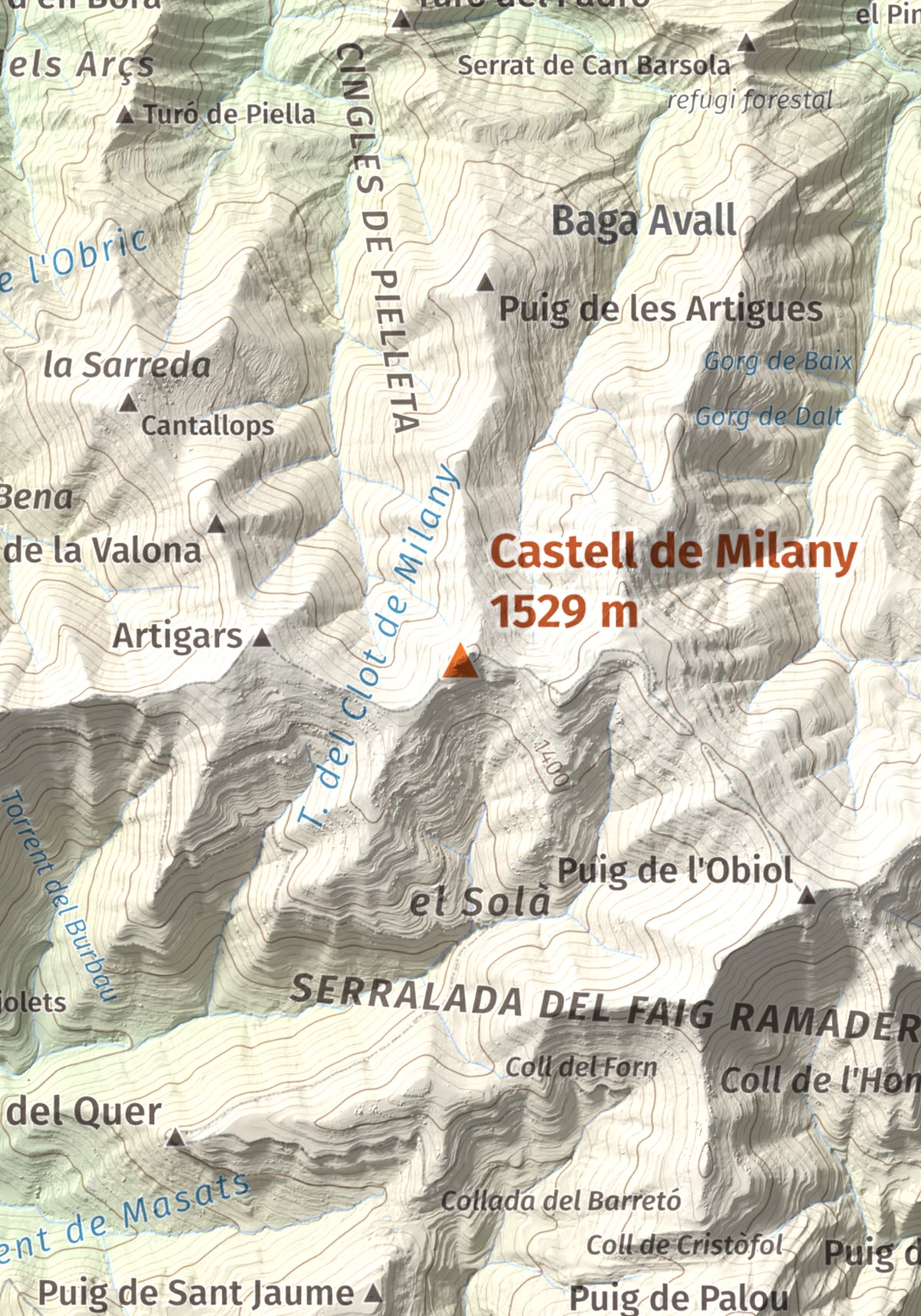 Mapa de relieve de Castell de Milany, 1529 m, Osona · Ripollès, lámina 100 Cims de Trobart. Detalle de la zona central. 21 × 30 cm.