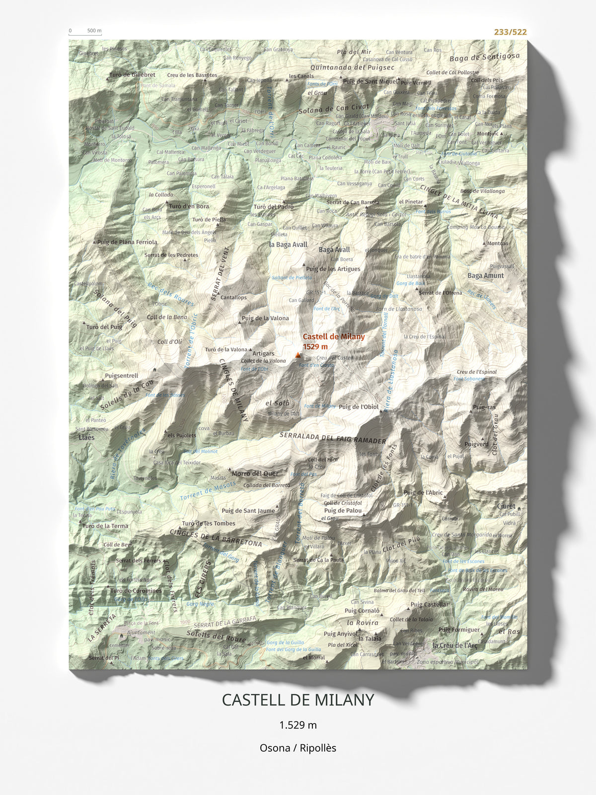 Mapa de relieve de Castell de Milany, 1529 m, Osona · Ripollès, lámina 100 Cims de Trobart 30 × 40 cm.