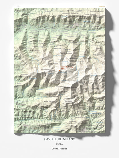 Mapa de relieve de Castell de Milany, 1529 m, Osona · Ripollès, lámina 100 Cims de Trobart 30 × 40 cm.