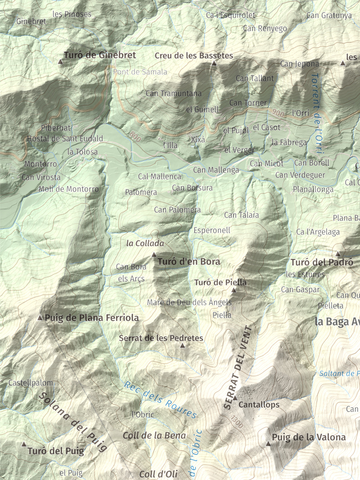 Mapa de relieve de Castell de Milany, 1529 m, Osona · Ripollès, lámina 100 Cims de Trobart. Detalle de la zona superior izquierda. 30 × 40 cm.