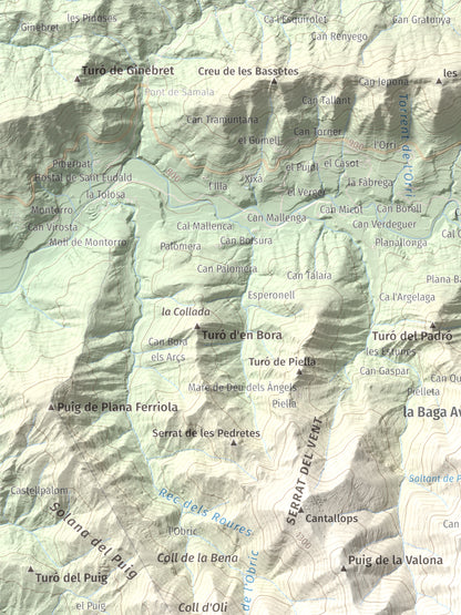 Mapa de relieve de Castell de Milany, 1529 m, Osona · Ripollès, lámina 100 Cims de Trobart. Detalle de la zona superior izquierda. 30 × 40 cm.