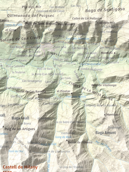 Mapa de relieve de Castell de Milany, 1529 m, Osona · Ripollès, lámina 100 Cims de Trobart. Detalle de la zona superior derecha. 30 × 40 cm.