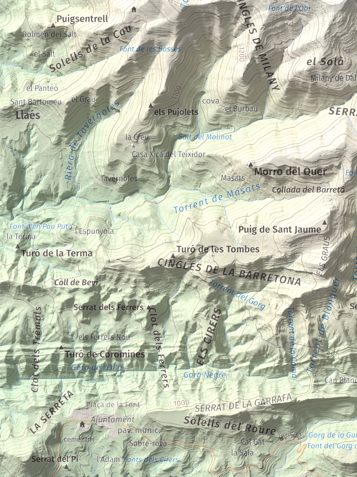 Mapa de relieve de Castell de Milany, 1529 m, Osona · Ripollès, lámina 100 Cims de Trobart. Detalle de la zona inferior izquierda. 30 × 40 cm.
