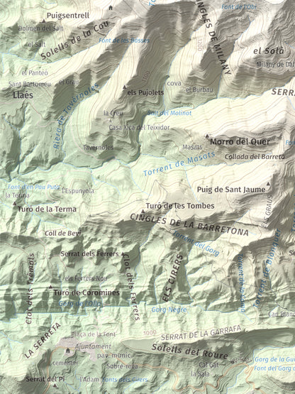 Mapa de relieve de Castell de Milany, 1529 m, Osona · Ripollès, lámina 100 Cims de Trobart. Detalle de la zona inferior izquierda. 30 × 40 cm.