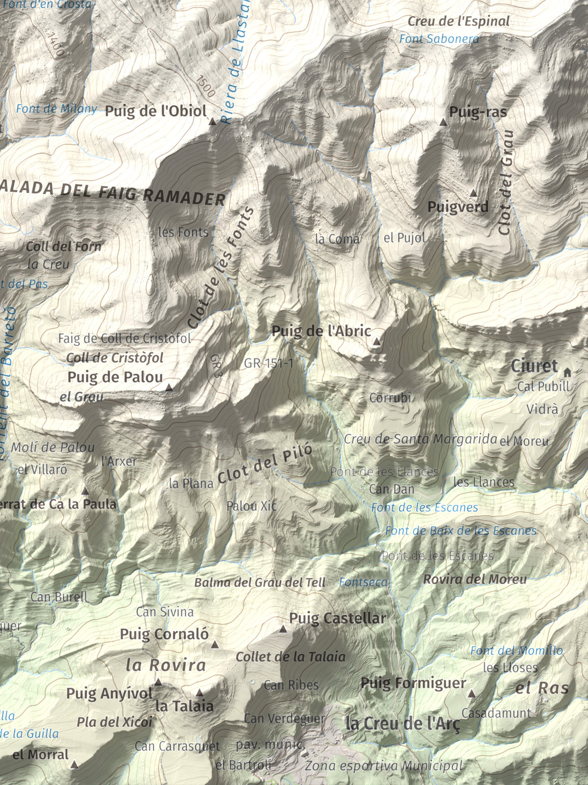 Mapa de relieve de Castell de Milany, 1529 m, Osona · Ripollès, lámina 100 Cims de Trobart. Detalle de la zona inferior derecha. 30 × 40 cm.
