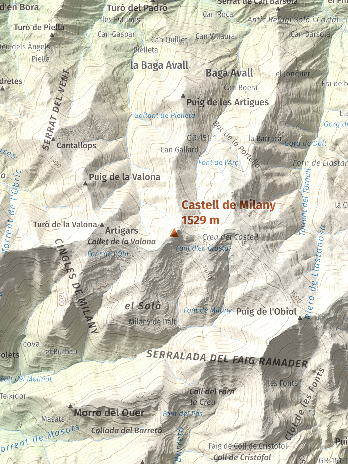 Mapa de relieve de Castell de Milany, 1529 m, Osona · Ripollès, lámina 100 Cims de Trobart. Detalle de la zona central. 30 × 40 cm.