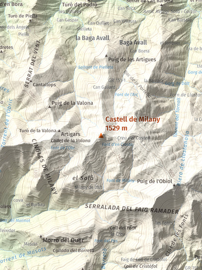 Mapa de relieve de Castell de Milany, 1529 m, Osona · Ripollès, lámina 100 Cims de Trobart. Detalle de la zona central. 30 × 40 cm.