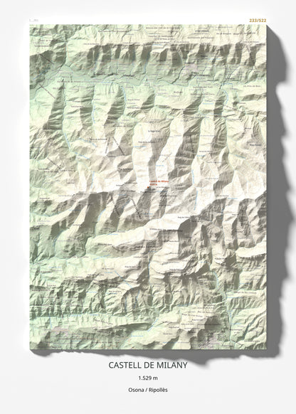 Mapa de relieve de Castell de Milany, 1529 m, Osona · Ripollès, lámina 100 Cims de Trobart 50 × 70 cm.