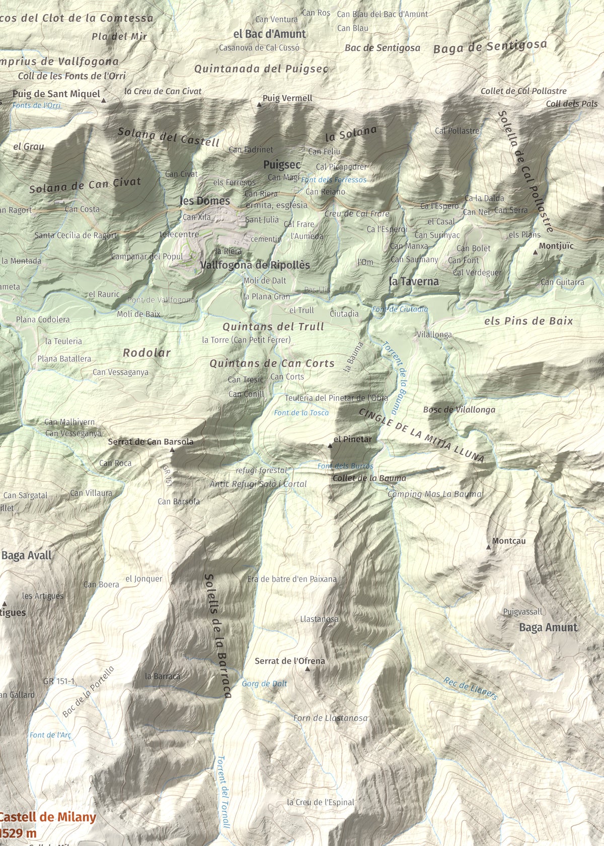 Mapa de relieve de Castell de Milany, 1529 m, Osona · Ripollès, lámina 100 Cims de Trobart. Detalle de la zona superior derecha. 50 × 70 cm.