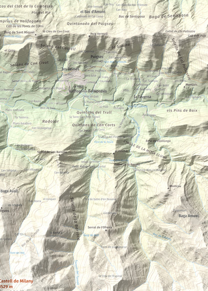 Mapa de relieve de Castell de Milany, 1529 m, Osona · Ripollès, lámina 100 Cims de Trobart. Detalle de la zona superior derecha. 50 × 70 cm.